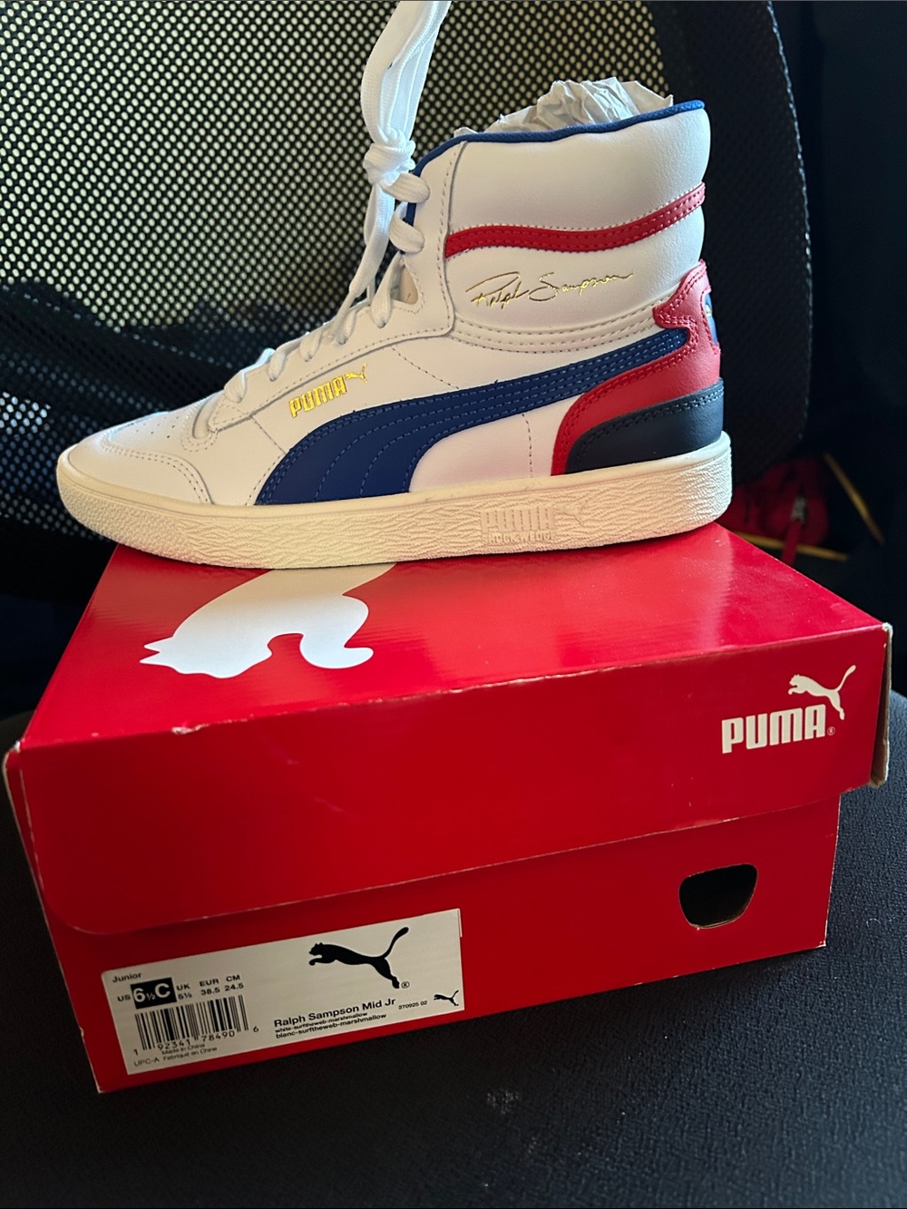 Puma Ralph Sampson Kids Leather High-Top Sneakers with Blue and Red Accents